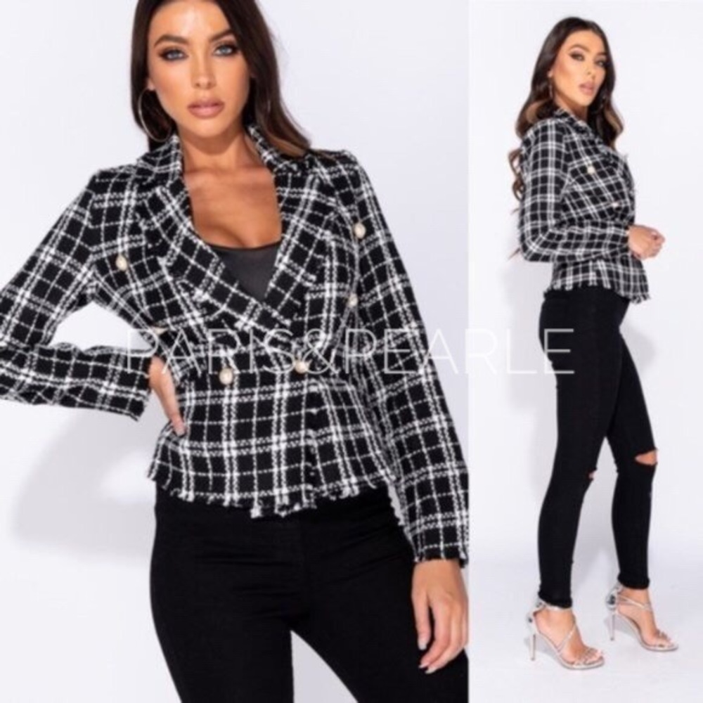 Believe It Black&White Tweed Pearl Button Blazer